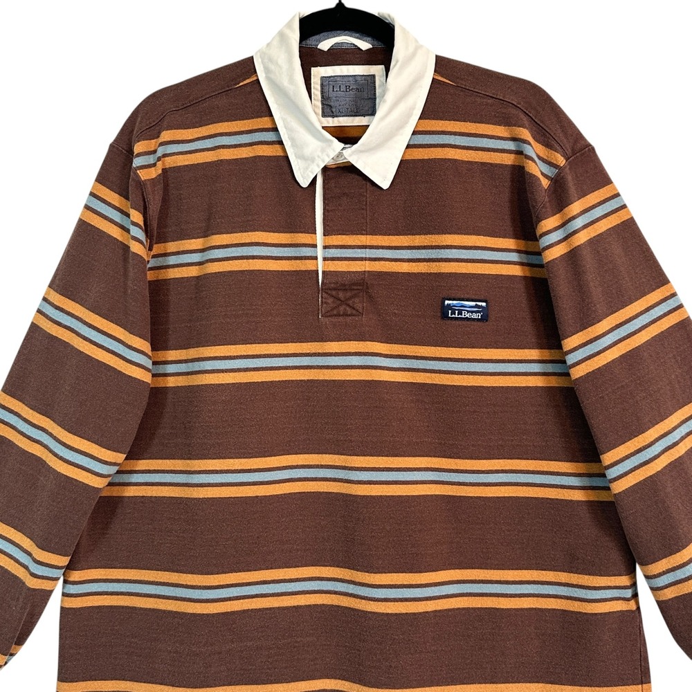 LL Bean Rugby Shirt Traditional Fit Striped Cotton Brown XL-TALL Gorpcore Prep - Picture 4 of 13